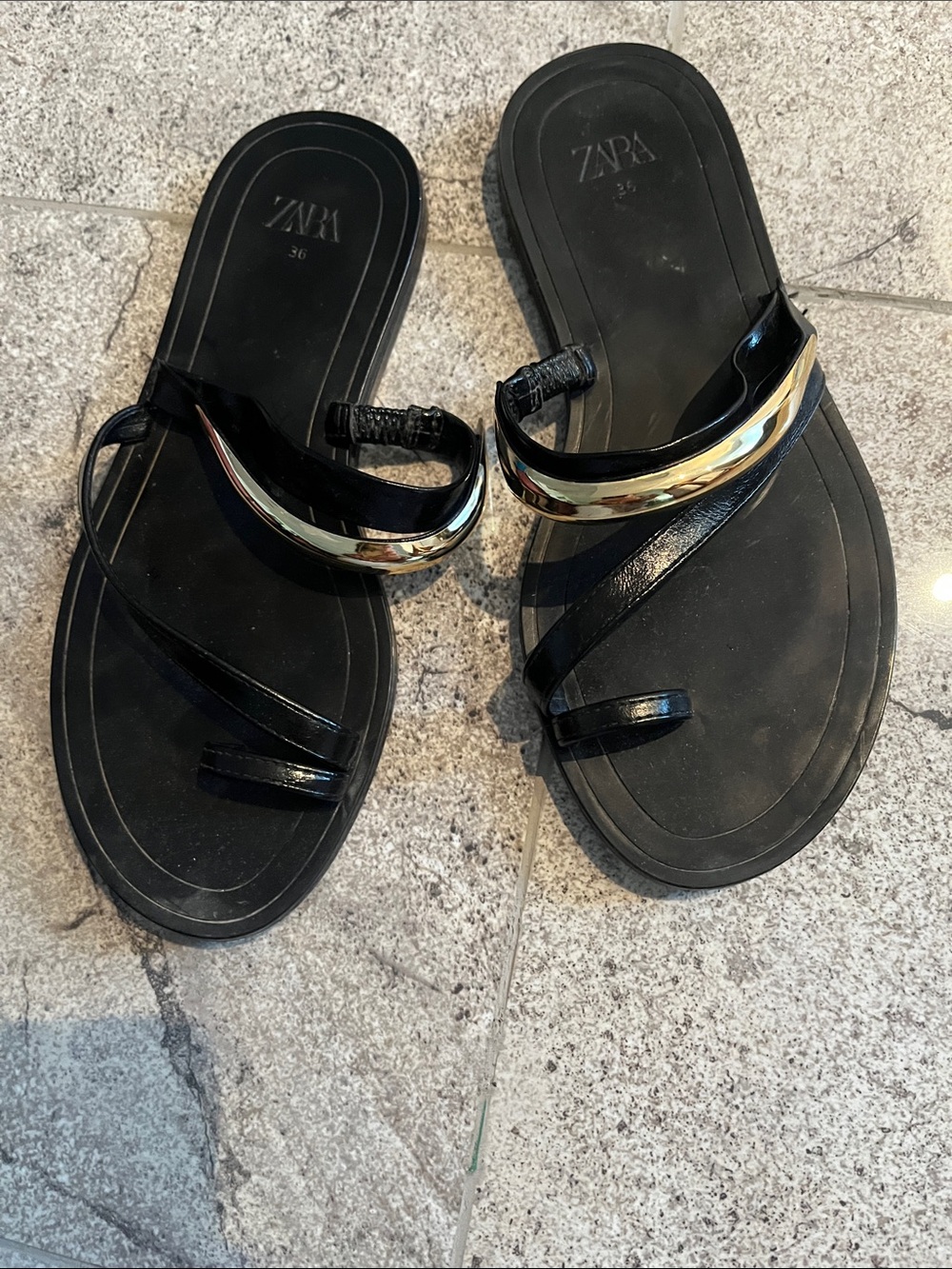 ZARA Black Sandal Slides with Gold Accent